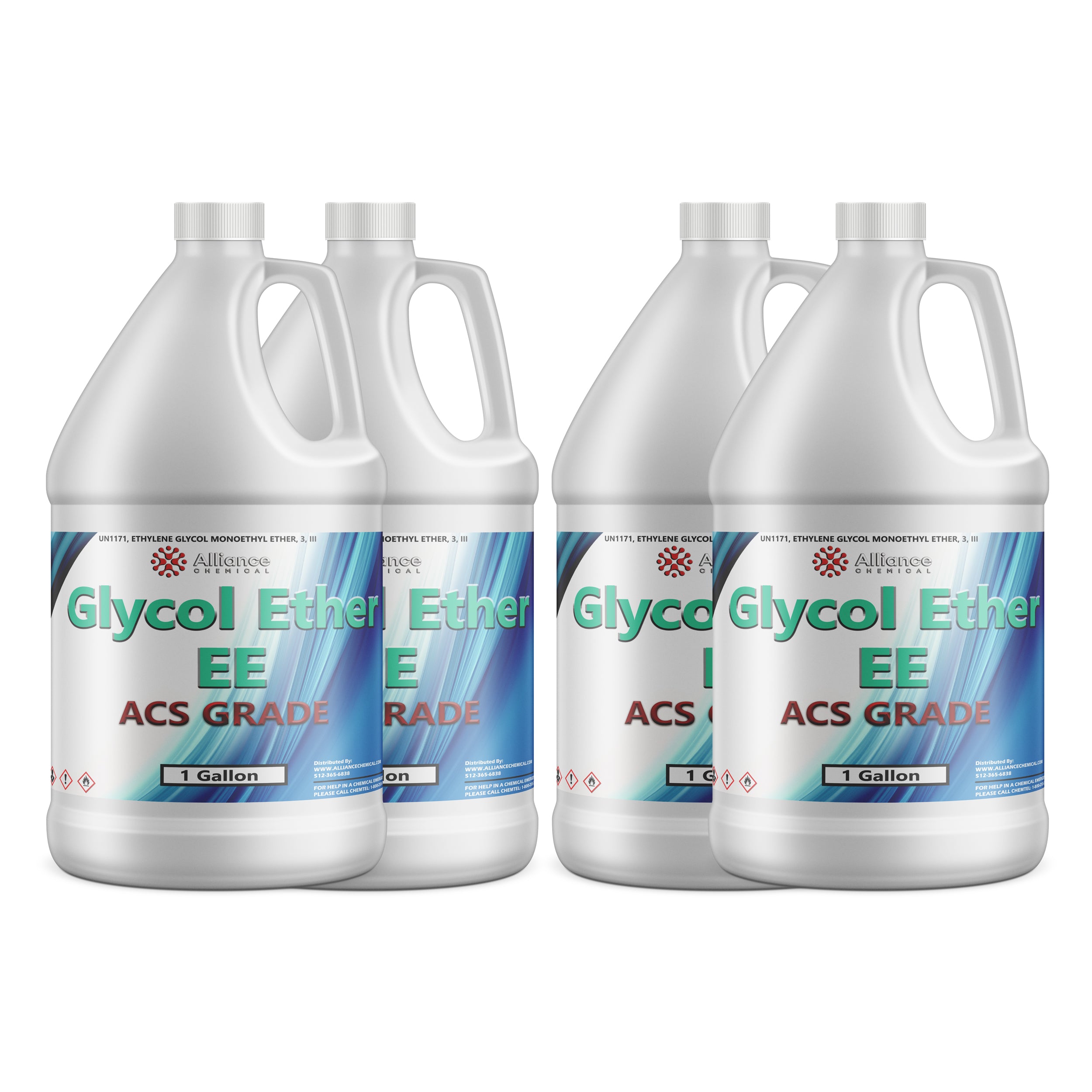 4x1-gallon Glycol Ether EE ACS Grade chemical solvent in white HDPE jugs with hazard warning symbols, Alliance Chemical branded labels.
